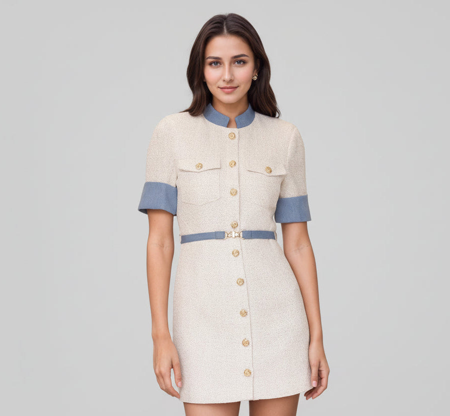 Elegant Creamy white Color block Dress