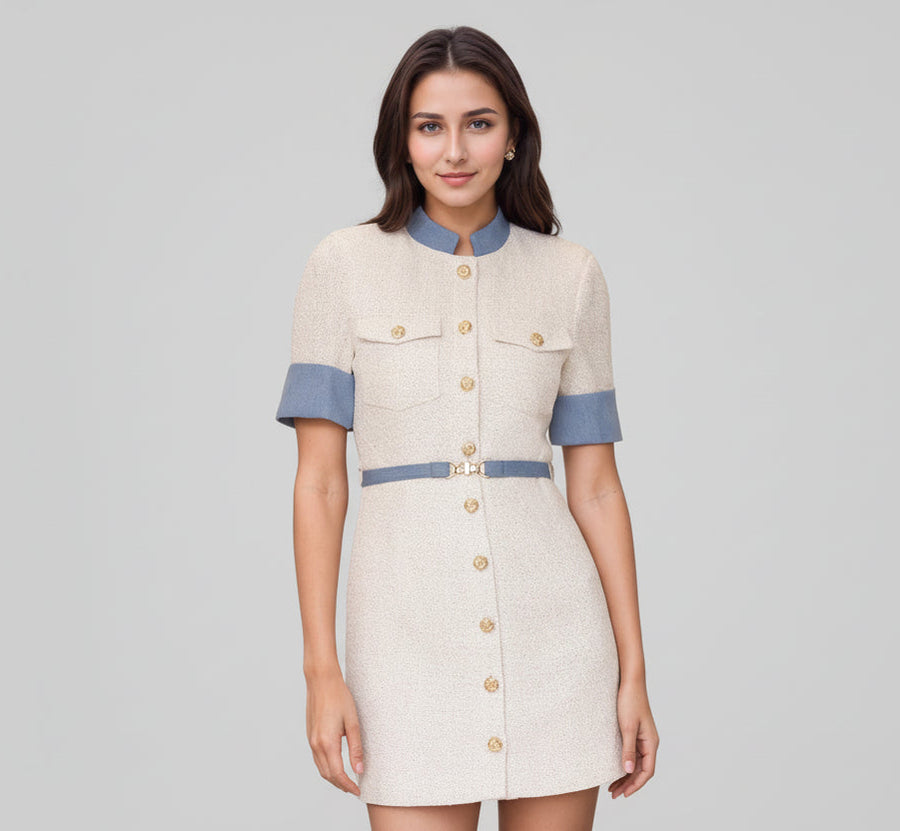 Elegant Creamy white Color block Dress