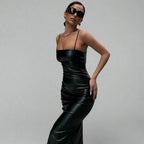 Faux Leather Backless Strap Sheath Split Dress