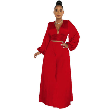 Pleated V-neck Top & Wide Leg Pants Sets