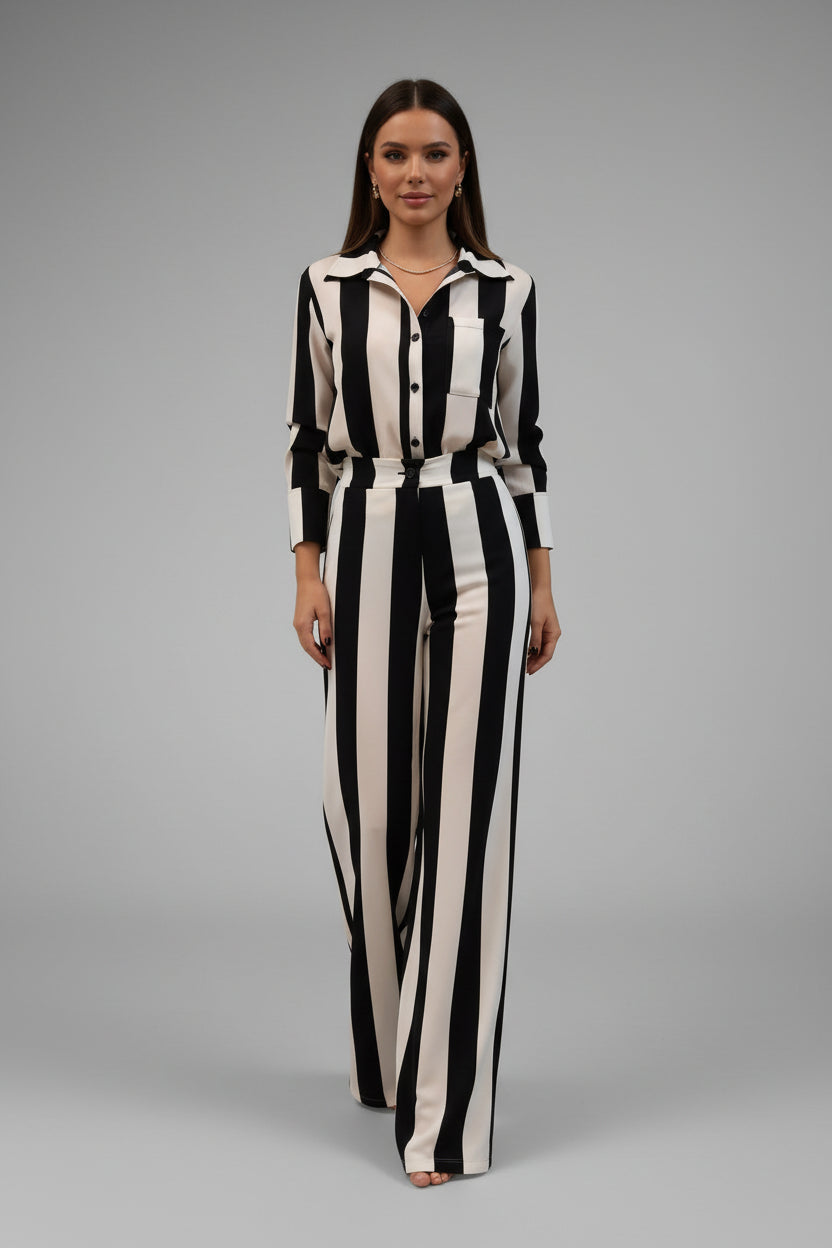 Woman wearing a black and white striped outfit on a gray background