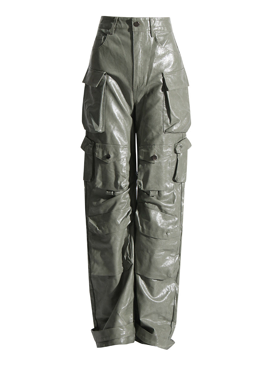 Faux Leather Straight Leg Cargo Pants
