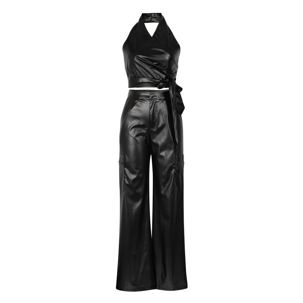 Black Faux Leather Halter Top & Pant Set