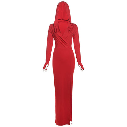 Hooded V Neck Long Sleeve Split Dress