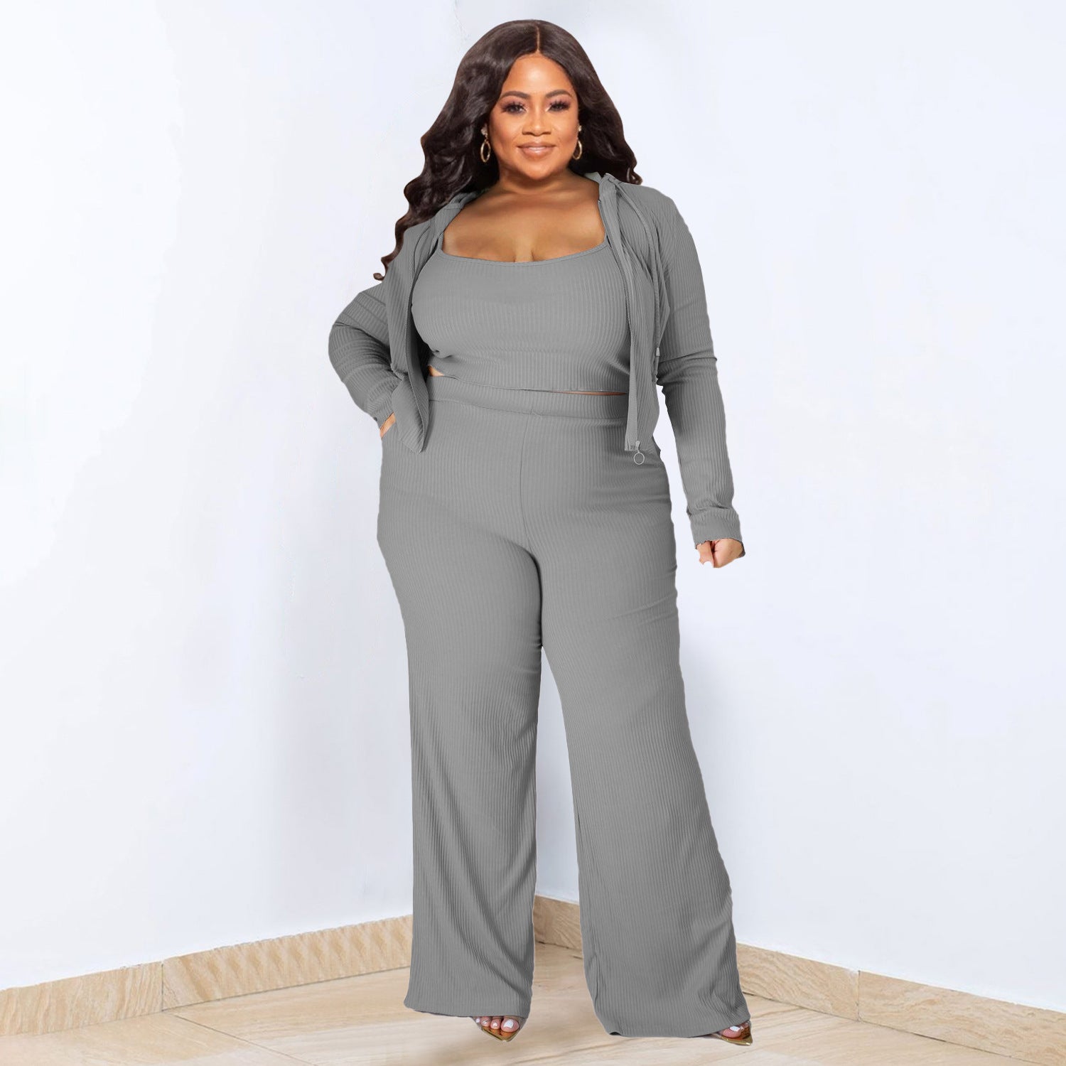Plus Size High Elastic Sunken Stripe Three Piece Suit Sports Casual Sexy Women Clothing