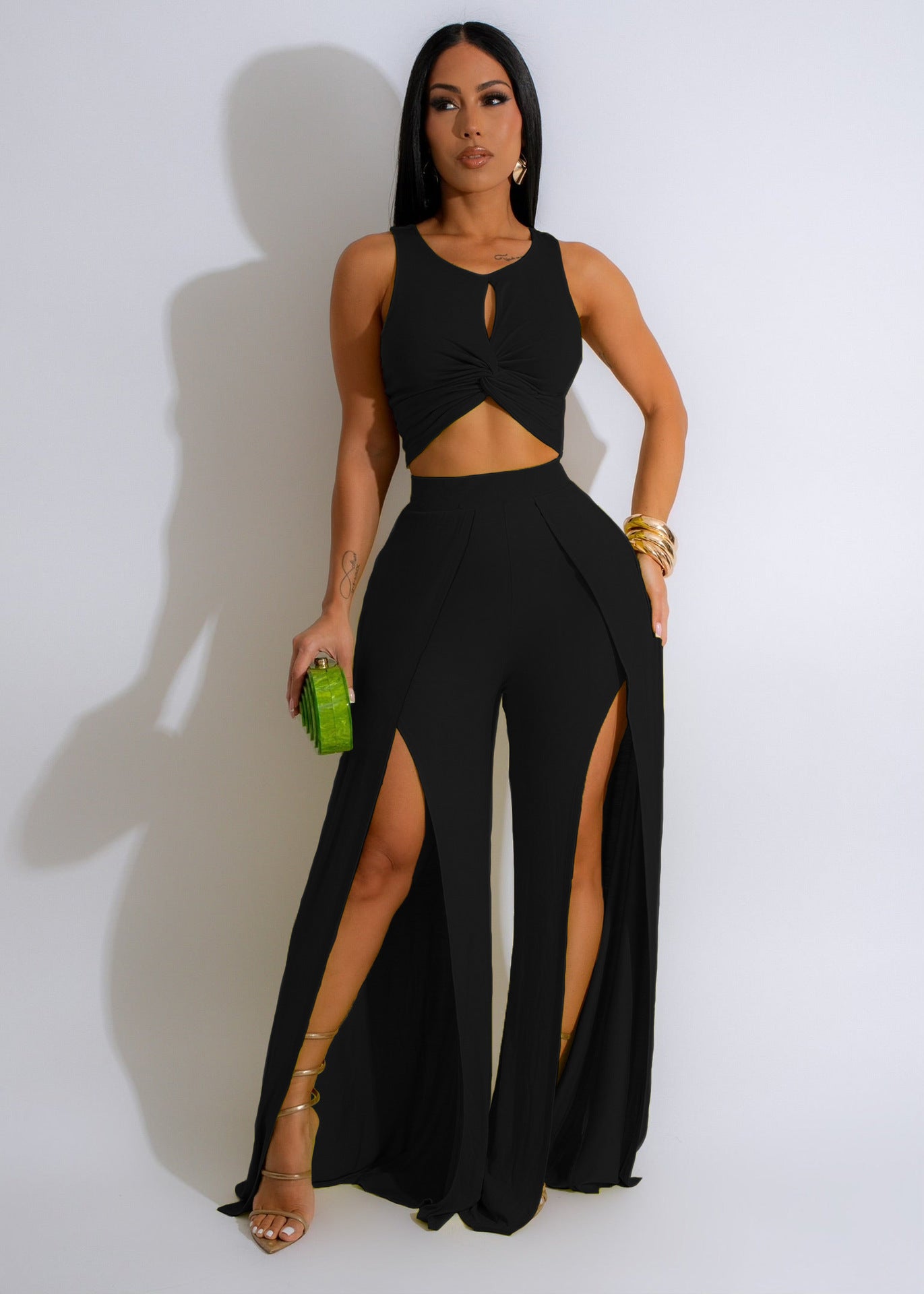 Women Wear Casual Suit Split Vest Wide Leg Pants Two Piece Set