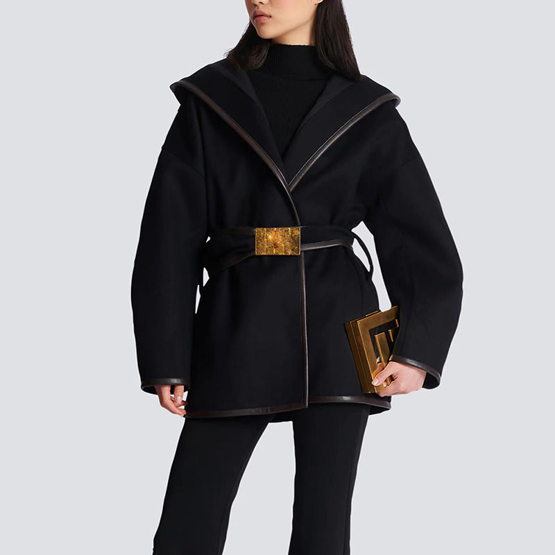 Black Hooded Batwing Belt Style Woolen Coat Jacket