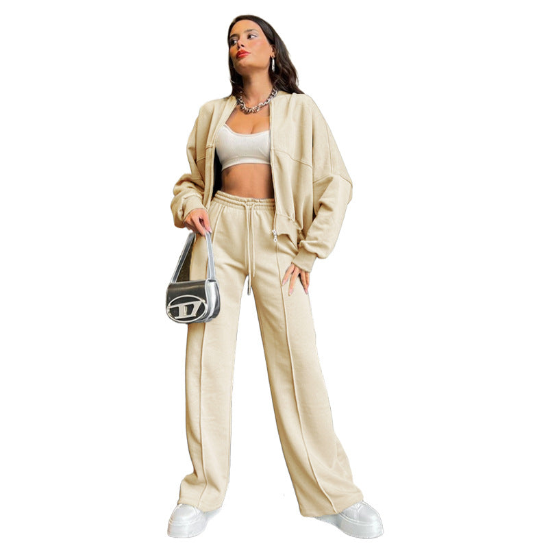 Solid Color Zipper Sweater Sweat Set
