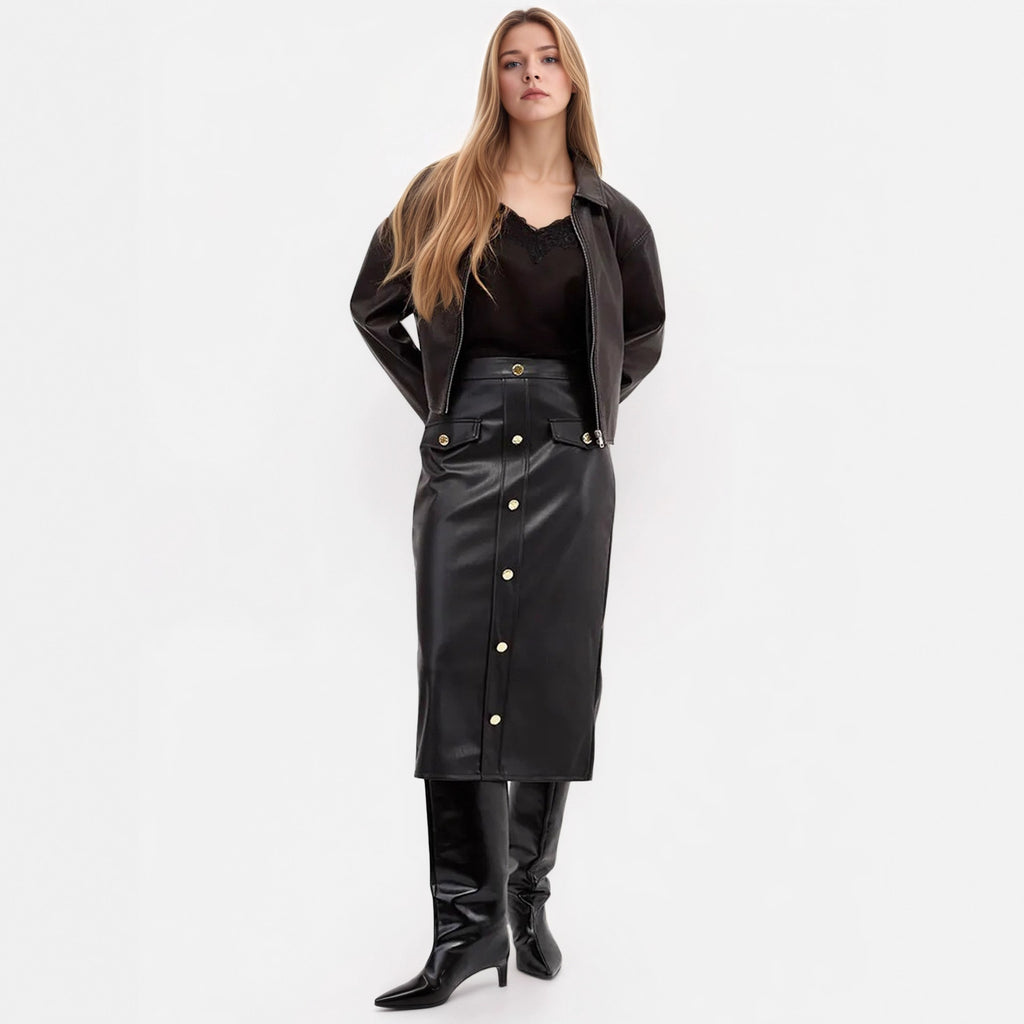 Faux Leather Buttoned Skirt
