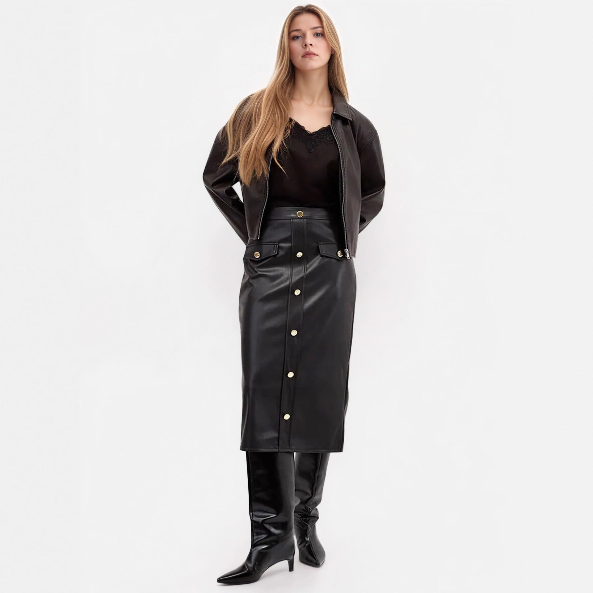 Faux Black Leather Buttoned Skirt