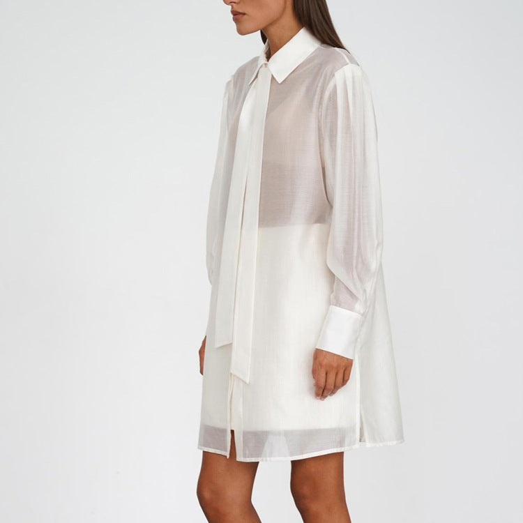 All Matching Turn down Collar Long Sleeve Loose Tie Blouse