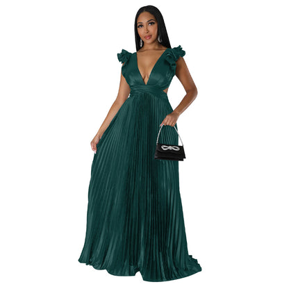 Backless Deep V Plunge Pleated Silk Dress