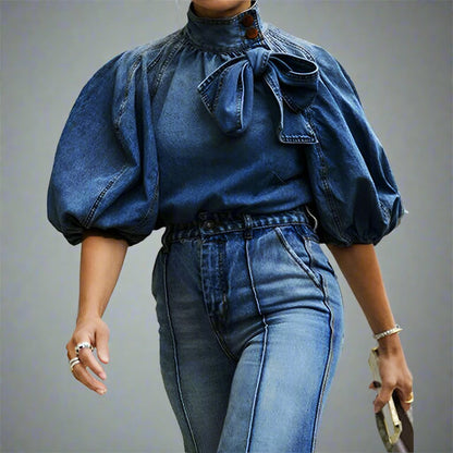 Five Quarter Puff Sleeve Pullover Denim Top