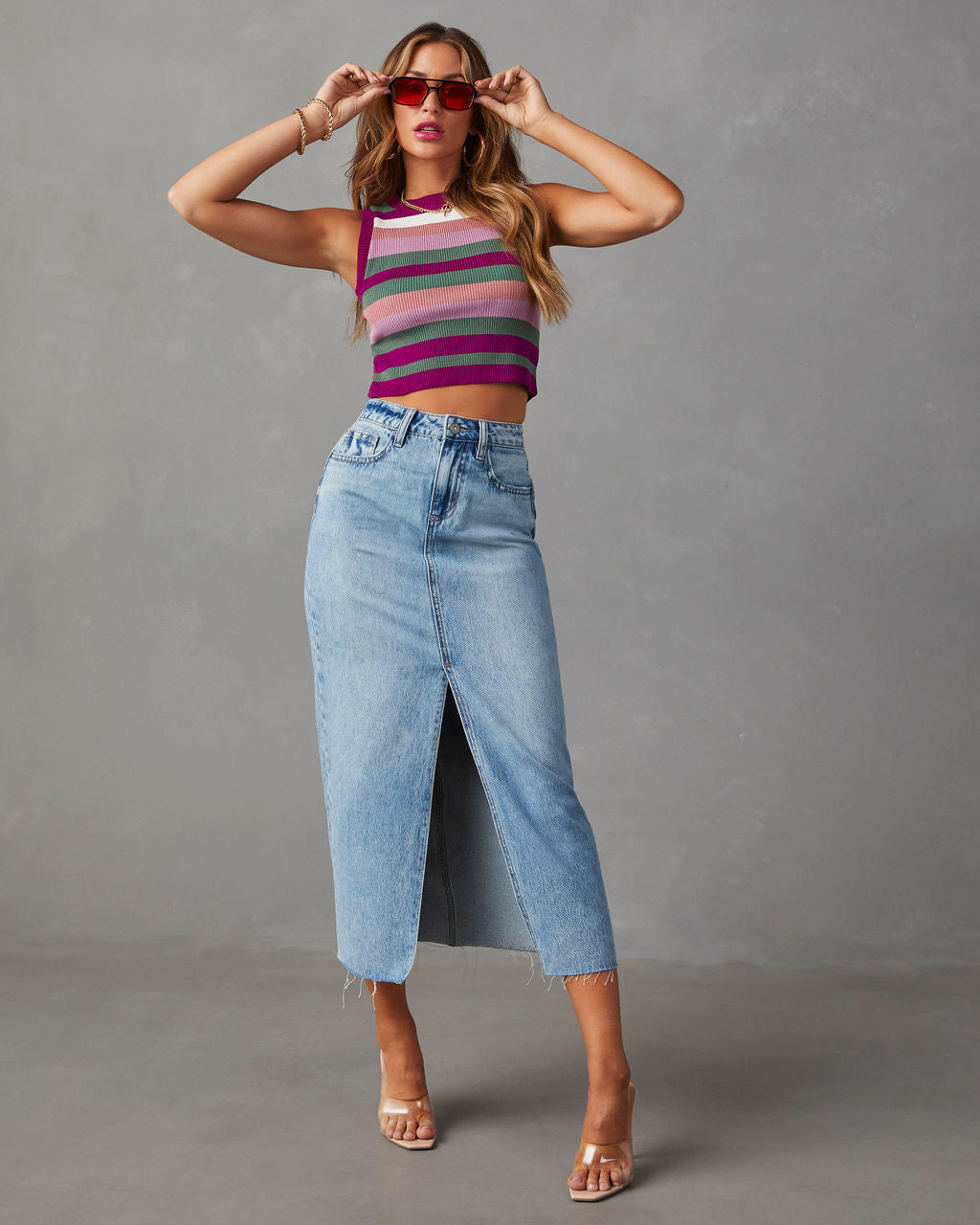Split Denim A Line Skirt