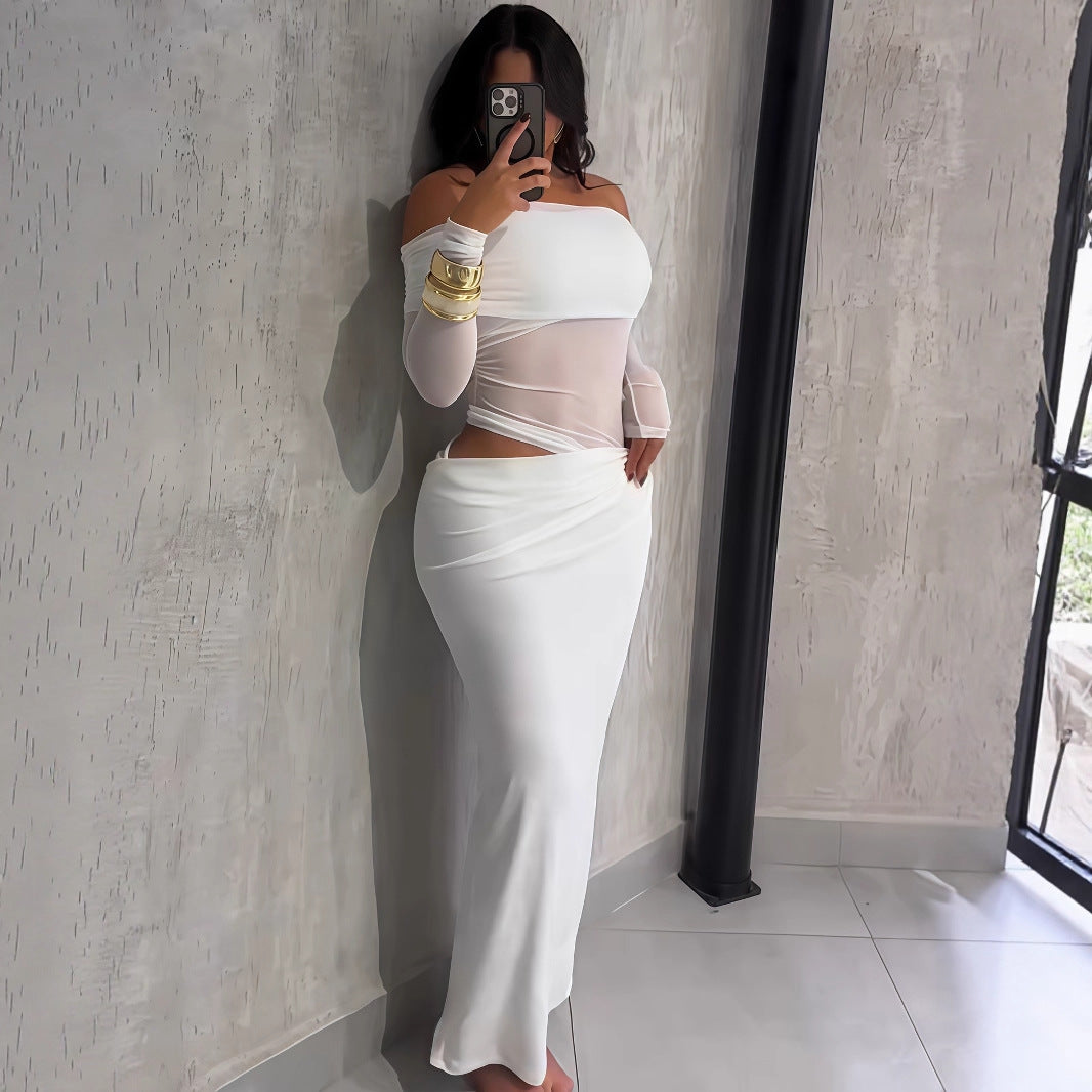 Long Sleeve Sheer Style Off shoulder Maxi Dress