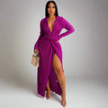 Purple Pleated Slit Wrap Dress