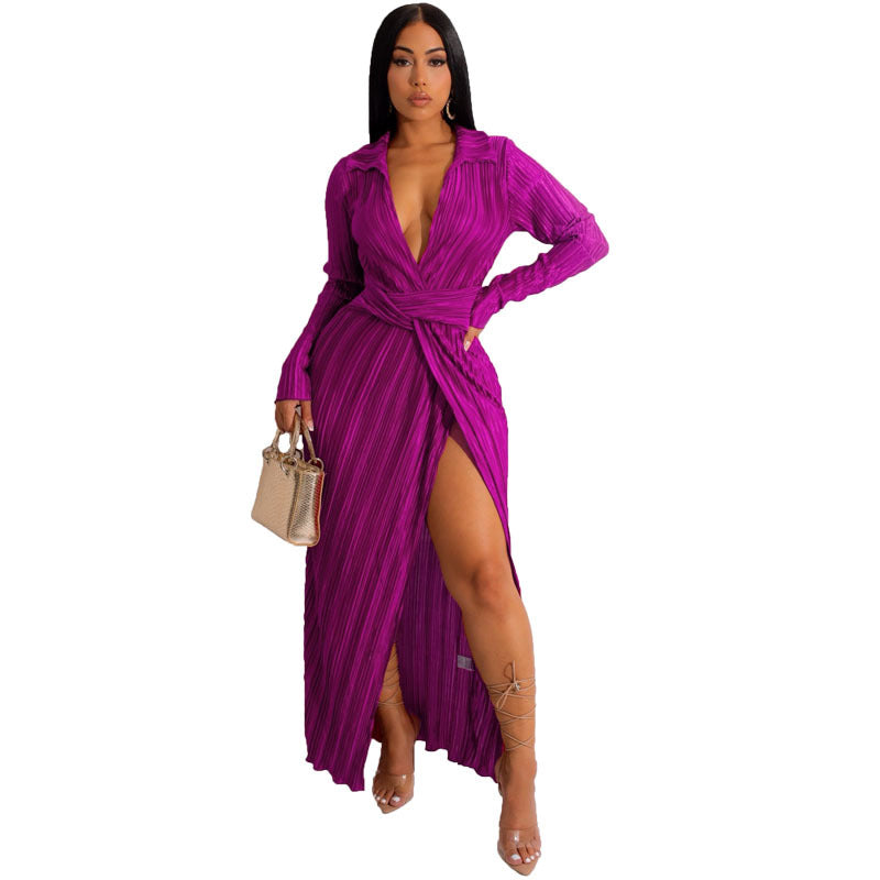 Slit Pleated Wrap Dress