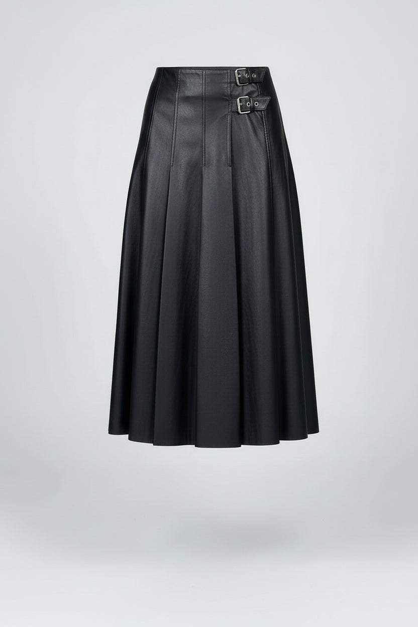 A line Pleated Faux Leather Skirt