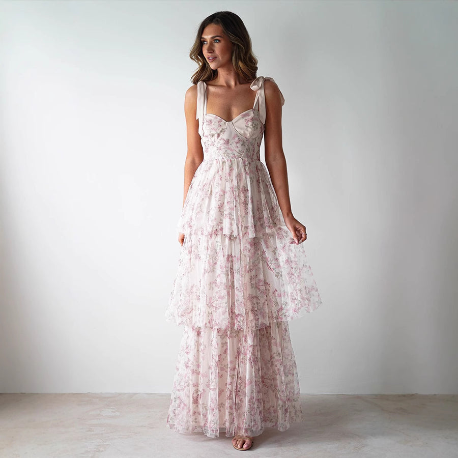 Middle East Sling Backless Cake Pink Floral Dress