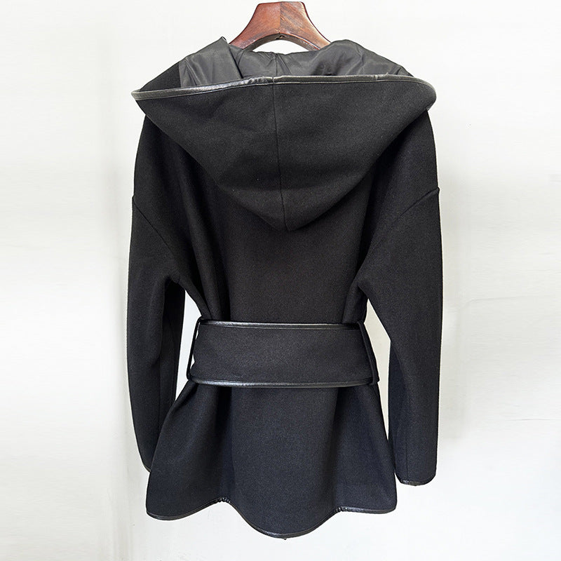 Black Hooded Batwing Belt Style Woolen Coat Jacket