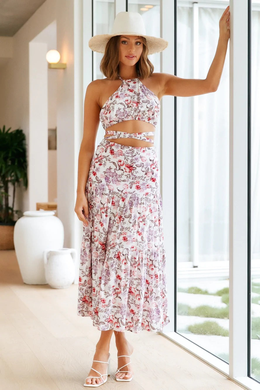 Pleated Backless Casual Floral Set