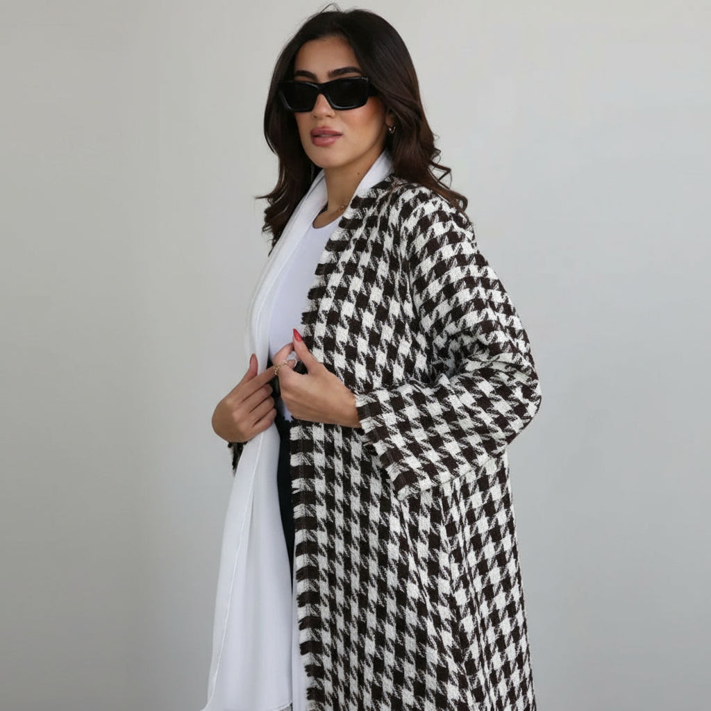 Elegant Casual Houndstooth Cardigan Robe Coat