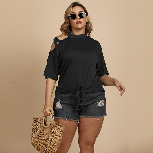 Plus Size Women Clothing Summer Shoulder Strap Decorative Solid Color Top Bow Long Sleeve Oblique Shoulder T-shirt