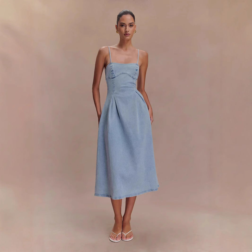 Sexy Women Wear Summer Tube Top Solid Color Sleeveless Denim Sling Dress