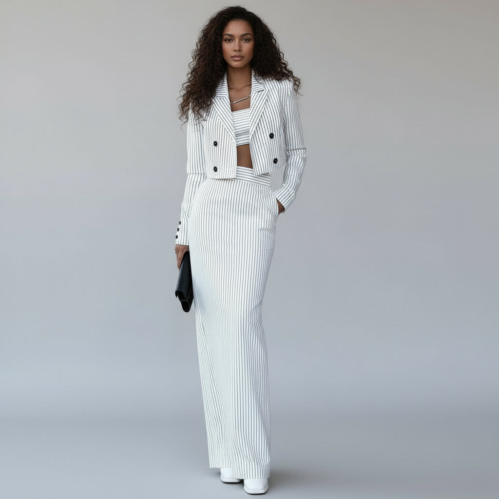 Striped Two Piece Short Blazer Skirt Set