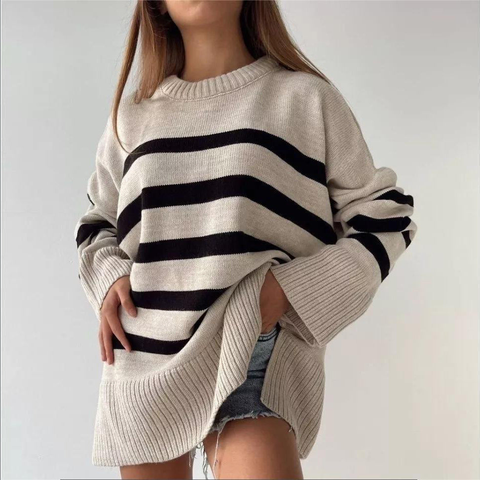 Striped Loose Crew Neck Pullover Sweater