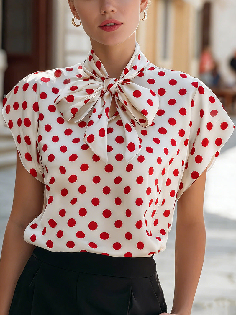Polka Dot Short Sleeve Bow Tied Shirt