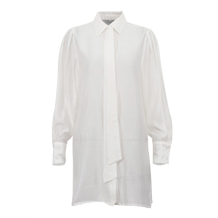 All Matching Turn down Collar Long Sleeve Loose Tie Blouse