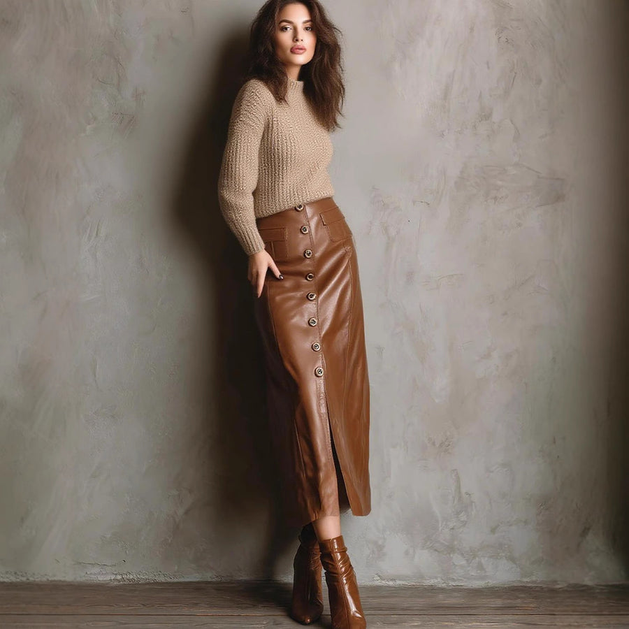 Faux Leather Button Sheath Skirt