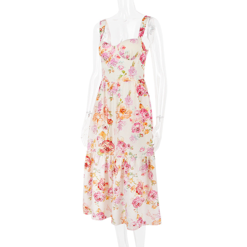 Summer Sweet Floral Midi Backless Dress