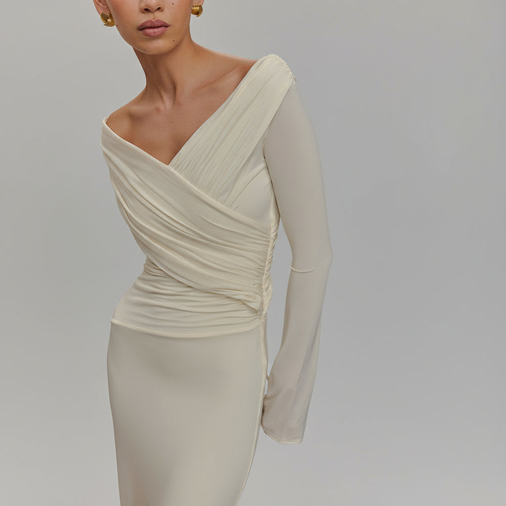 White V neck Ruffled Hip Dress