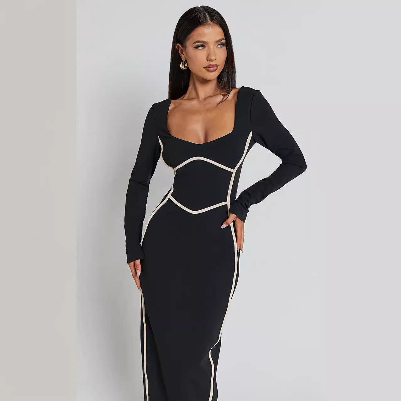 Long Knitted Backless Contrast Patchwork Pencil Dress