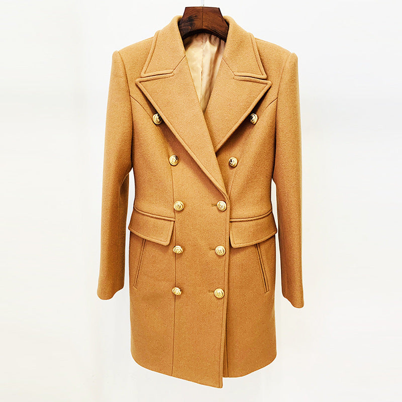 Classic Double Breasted Metal Lion Buckle Woolen Coat