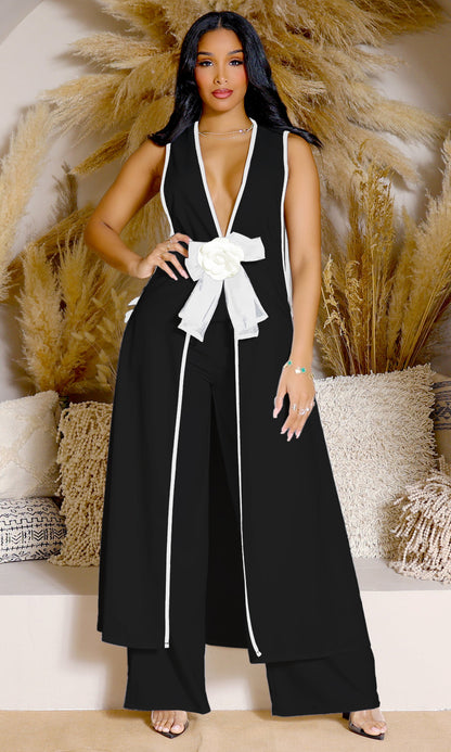 Women Sexy Camellia Bow Sleeveless Long Vest Wide Leg Pants Set