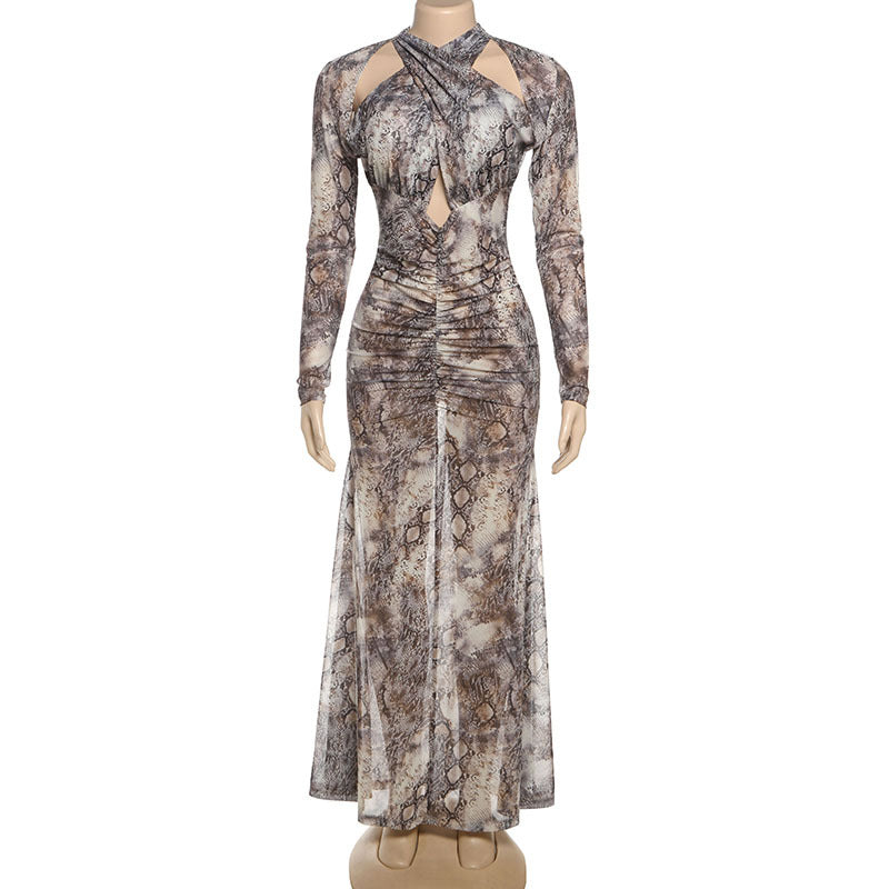Snake Print Hollow Out Cutout Slim Sexy Jumpsuit Dress