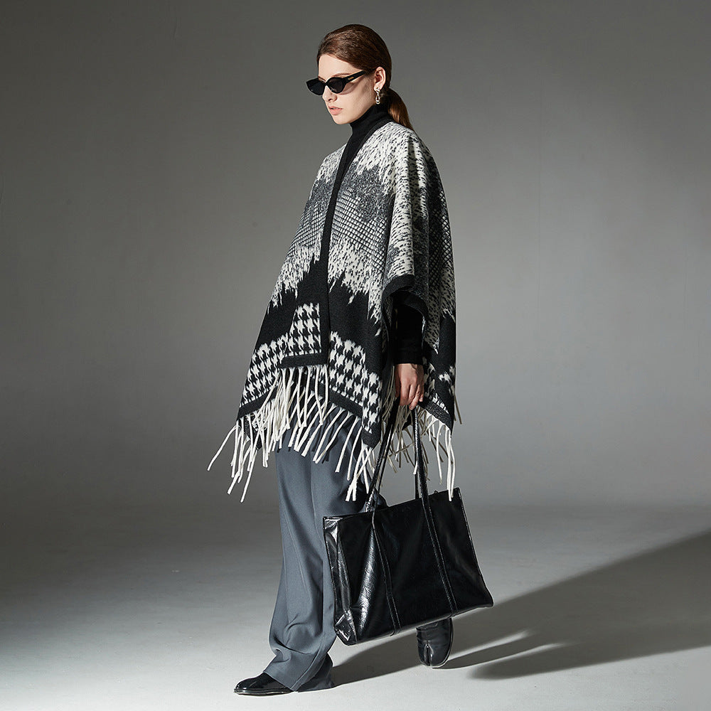 Wool Cloak Black And White Houndstooth Tassel Shawl