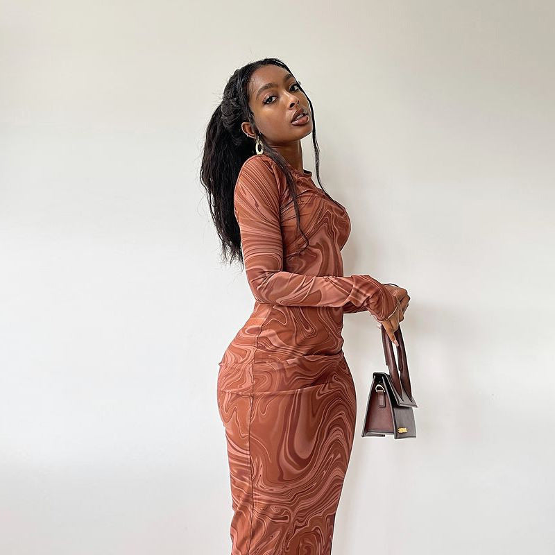 Swirl Print Long Sleeve Maxi Dress – Slim Fit Crew Neck Bodycon