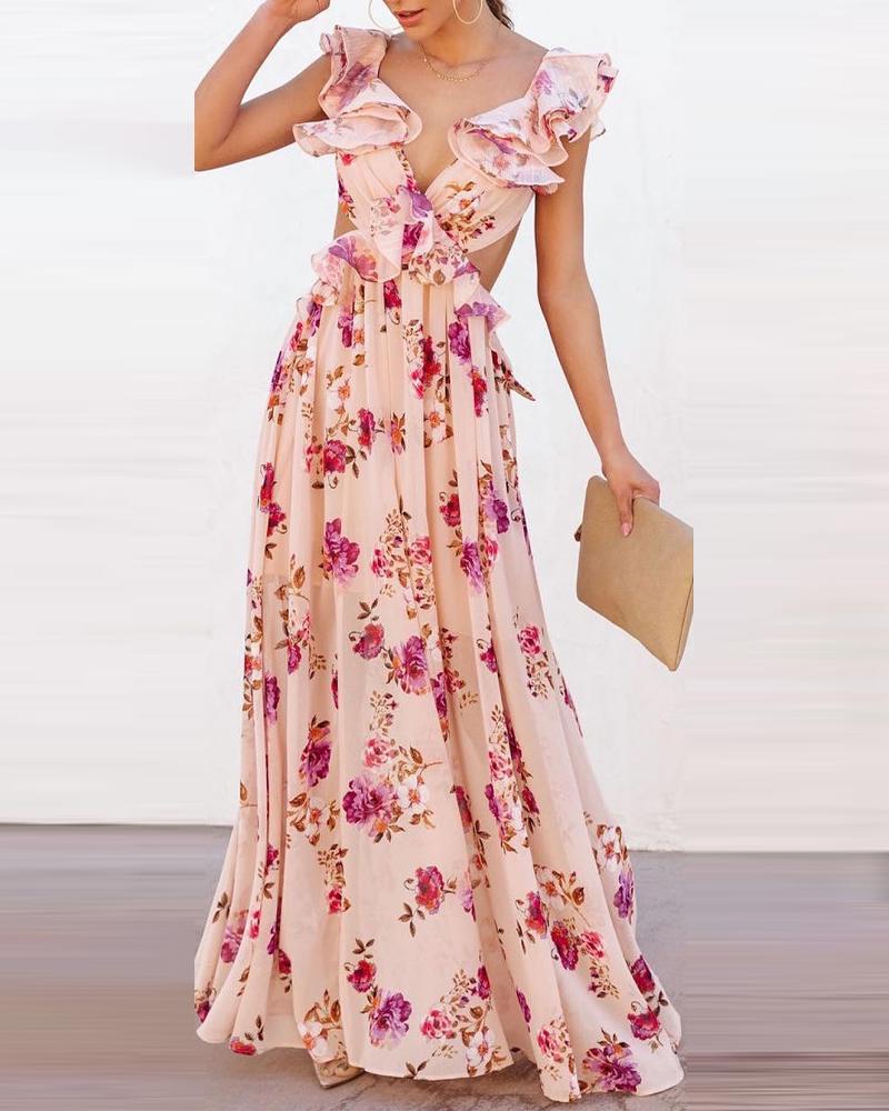 Floral Printing off the Shoulder Backless Maxi Dress