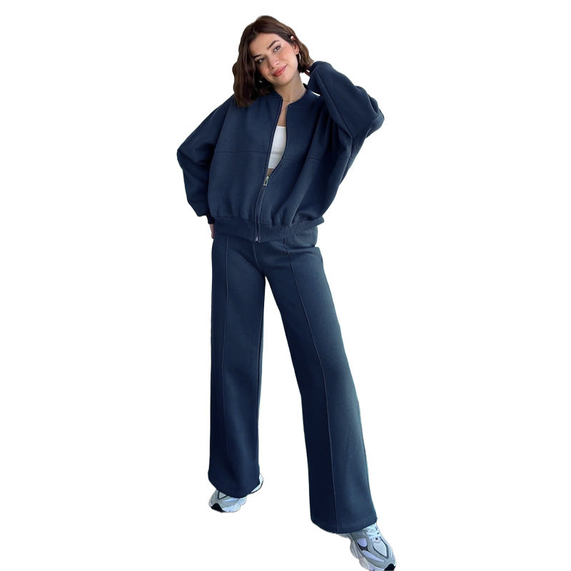Solid Color Zipper Sweater Sweat Set