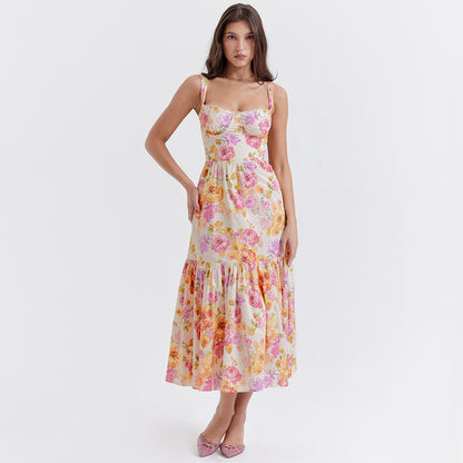 Summer Sweet Floral Midi Backless Dress