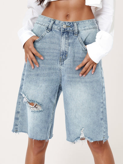 High Waist Distressed Loose Cropped Jeans Shorts