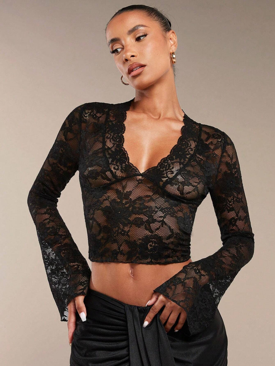 Tight Flared Long Sleeve Lace Top