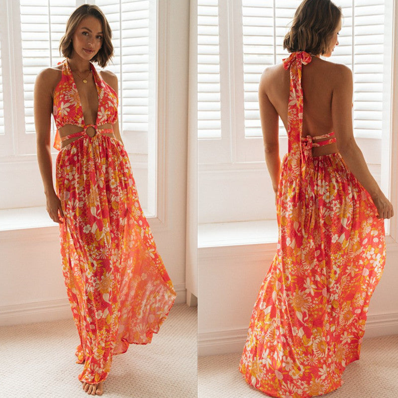 Women V-neck Printing Slip Dress