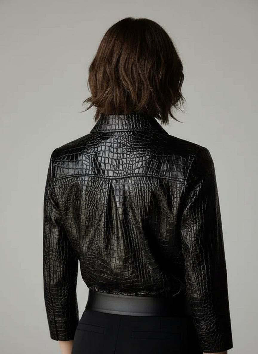 Long Sleeve Faux Leather Serpentine Top