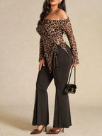 Curve off Shoulder Asymmetric Leopard Print Drawstring Top