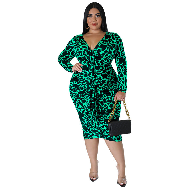 Plus Size Sheath Leopard Print Long Sleeve Maxi Dress